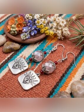 HAND CRAFTED Pink Czech Crystal Evil Eye Heart Sunburst Dangle Earrings Boho NWT
